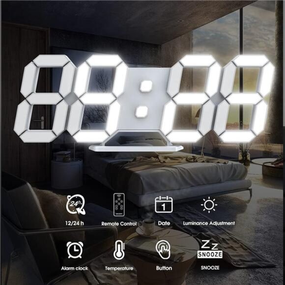 Led Digital Alarm, 3D Wall Clock Desk Auto Dimming 12/24 Hour Date Temperature - Picture 2 of 7